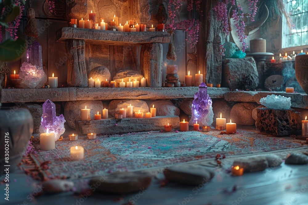 In the dim candlelight, a tranquil scene evokes ancient spirituality, fostering meditation and deep peace