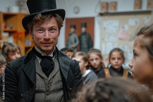 In timeless attire, a young man embodies historical tradition, captivating the crowd in festive celebration
