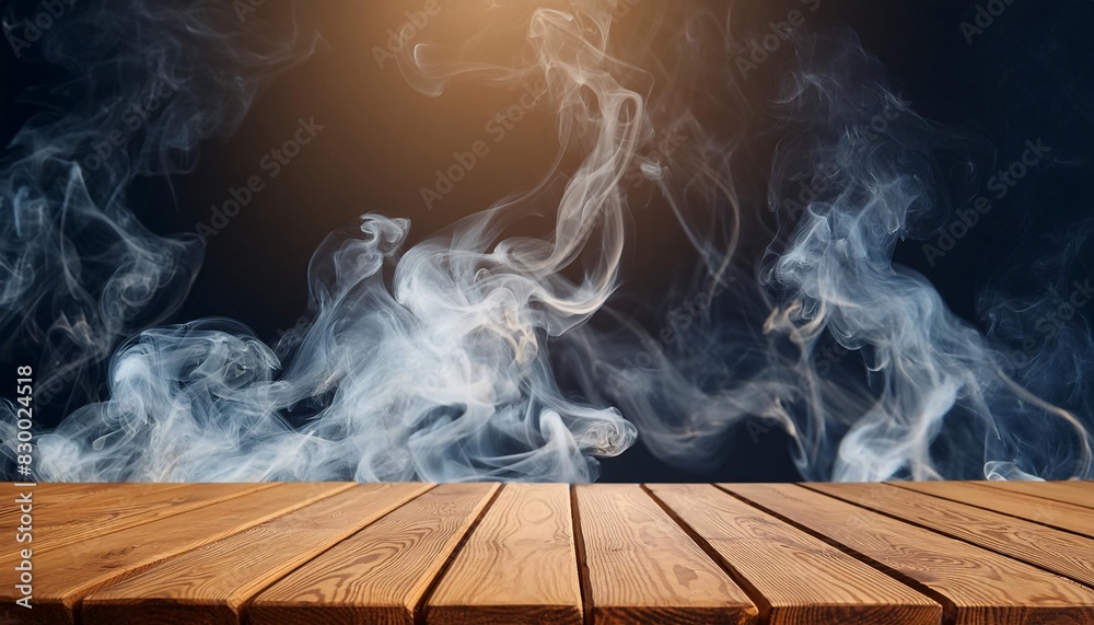 Empty wooden table with smoke rising against a dark background, providing space to display your products. Empty wooden table with smoke rising against a dark background, providing space to display your products.