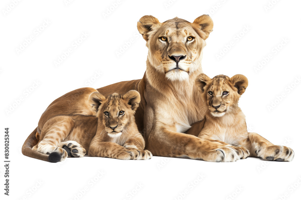 Female Lion Resting with Two Cubs on White Background Female Lion Resting with Two Cubs on White Background