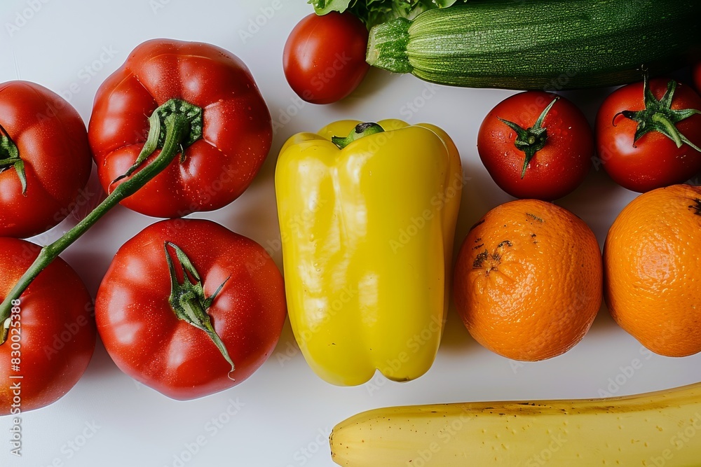 Fresh vegetables including tomatoes, bell peppers, and cucumbers, symbolizing healthy and nutritious food options in a natural setting.