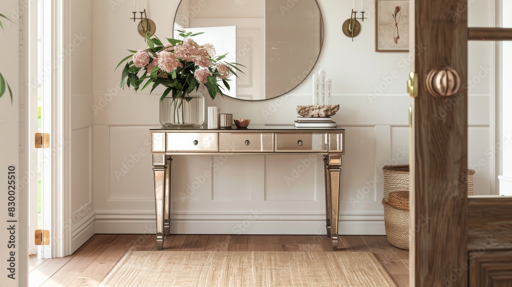 Console table with drawers and a mirrored finish in an entryway Stock ...