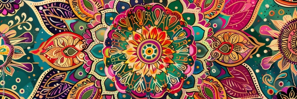 Colorful mandala artwork inspired by Indian Vedic traditions. Intricate motifs and vintage details create a mesmerizing visual.