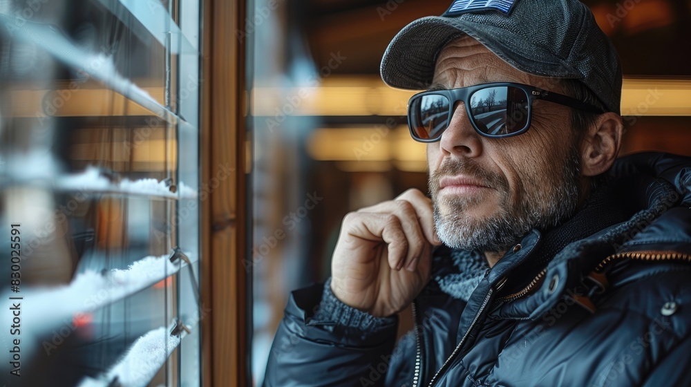 Pensive man wearing sunglasses and a hat, looking out a window with blinds, in a cozy indoor setting with warm lighting. Pensive man wearing sunglasses and a hat, looking out a window with blinds, in a cozy indoor setting with warm lighting.