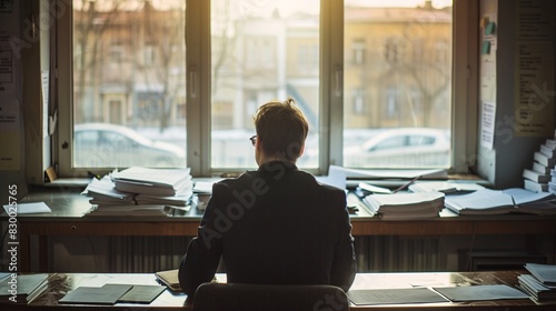 Dejected entrepreneur looking out of a window in an empty office, with a stack of bankruptcy papers on the desk, illustrating the despair of a failed business.