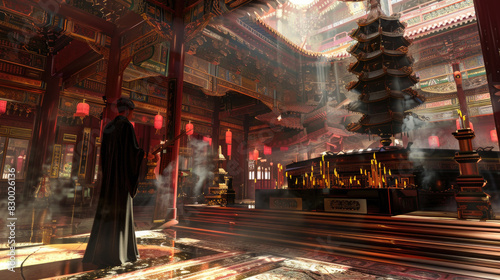 A monk stands thoughtfully in an ancient Chinese temple, surrounded by red lanterns and illuminated by morning sunlight streaming through the windows