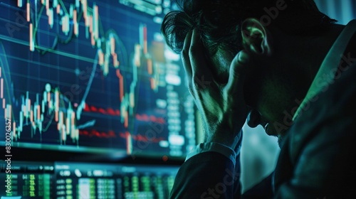 Businessperson looking overwhelmed and stressed, with a computer screen showing financial losses, highlighting the hopelessness of bankruptcy.