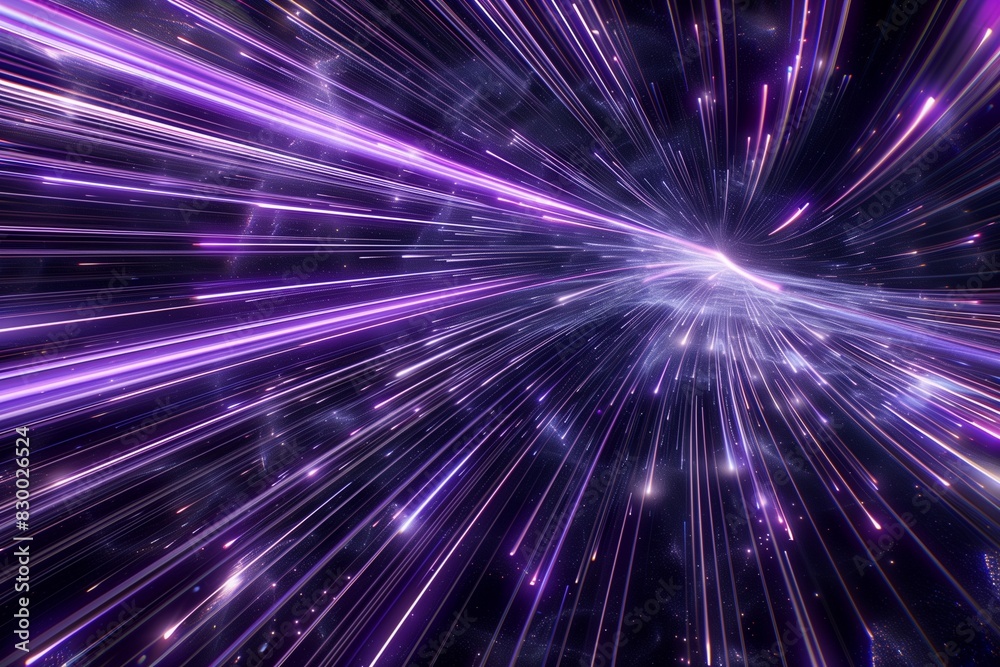 Obraz premium An immersive hyperspace warp scene with vibrant purple and silver light trails stretching infinitely, giving the sensation of being propelled through space with stars blurring into lines of light.