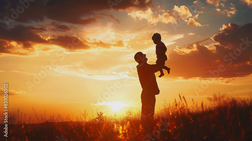 Father And Child Enjoying Their Time At Sunset Evening, Happy Father's Day