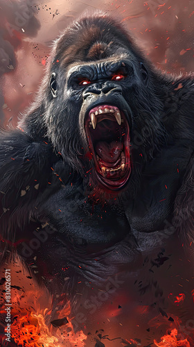 An intense artwork of an angry gorilla with a dark, fiery background. Generate AI