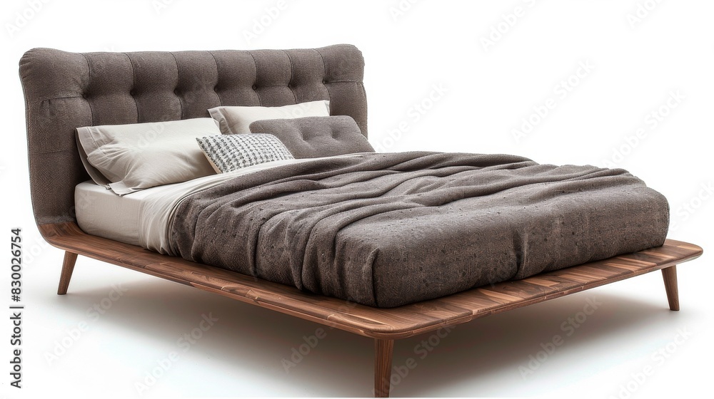 Fototapeta premium Contemporary bed with an upholstered headboard and footboard, isolated on a white studio background