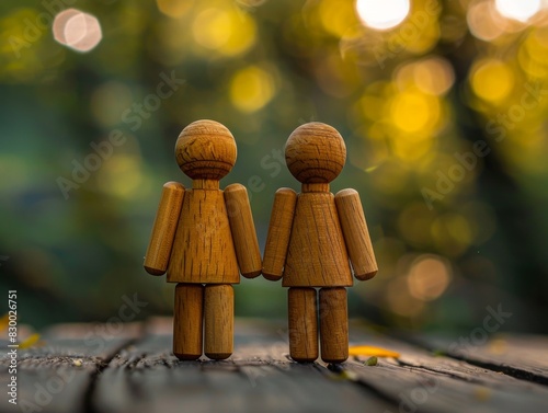 Two human shaped wooden toys, friendship concept together photo