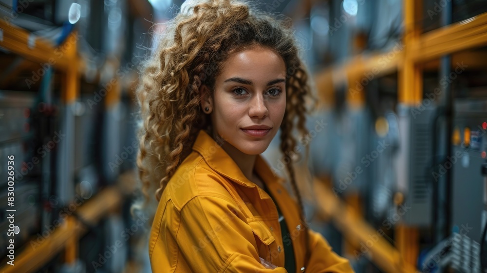 Portrait of a confident woman with curly hair, wearing a yellow jacket, standing in a brightly lit server room with equipment in the background.