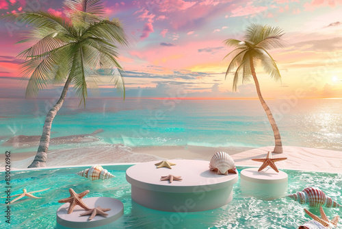 A vibrant beach scene with crystal-clear water  palm trees swaying gently in the breeze  and an empty podium set against the backdrop of a colorful sunset