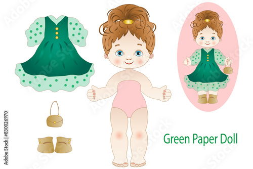 Illustration of a paper doll with clothes to cut out and wear