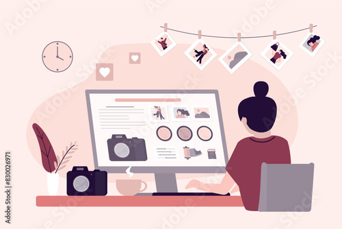 Woman watching online photo course at computer screen. Photography internet service or platform. Female student learning to take photos, light setting and photo editing.