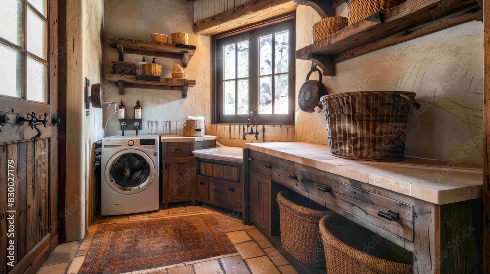 Rustic style laundry with wooden furniture, shelves and cabinets, but ...