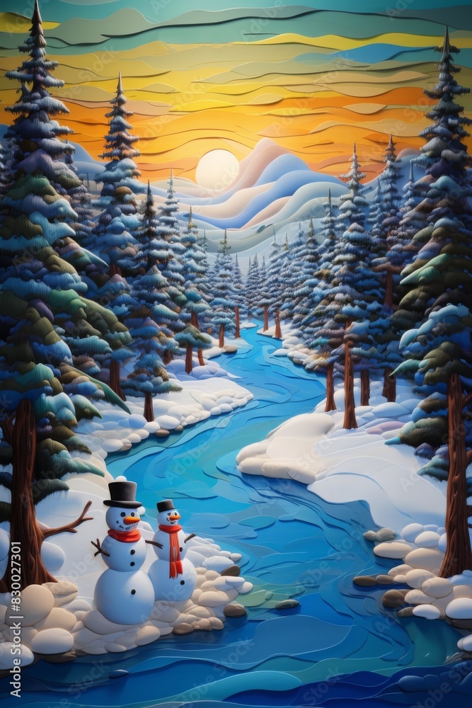 Fototapeta premium Plasticine art, A serene frozen lake surrounded by snow-covered pine trees, with a snowman nearby