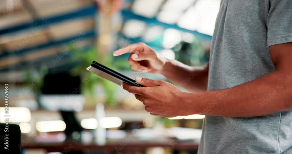 Hands, service and tablet for small business, person and entrepreneur for industry of delivery and shop. Technology, store and closeup of digital, working and networking on supplier app and online