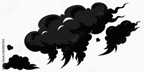 The black-and-white graphics depict cartoon-like clouds of smoke in various sizes, with wavy and jagged edges. The smoke patterns are dense and dark, indicating a high concentration of smoke.AI genera