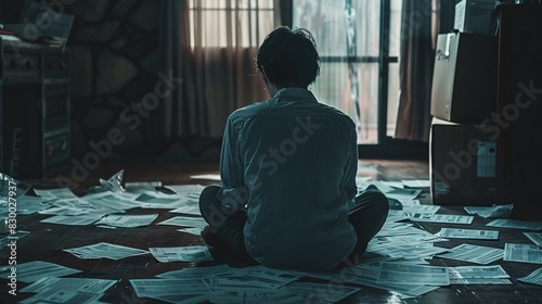 Businessperson sitting on the floor in a dark room, surrounded by unpaid bills and bankruptcy documents, representing a hopeless situation.