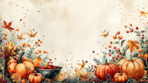 Autumn background with pumpkins and leaves for gift card, place for text. generative ai