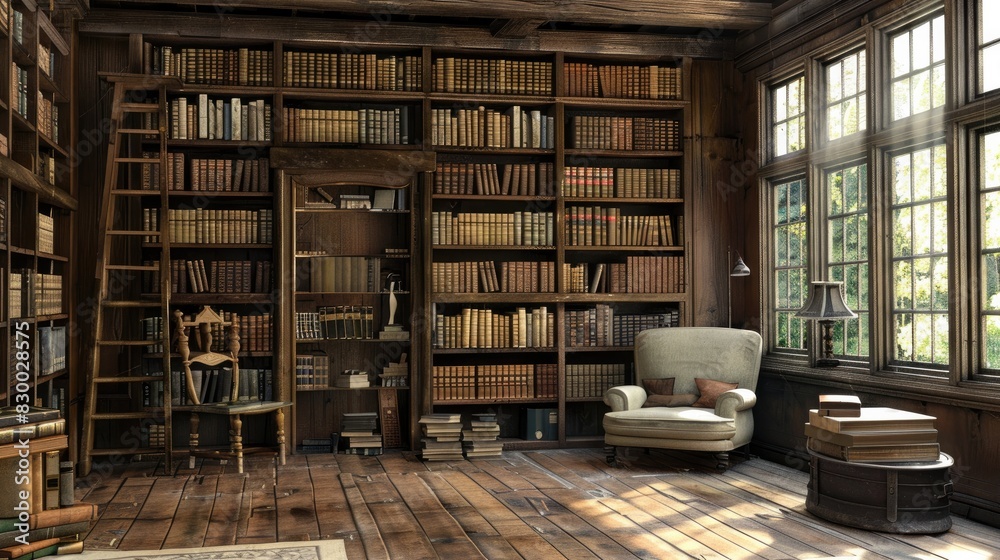 Rustic style Library with wooden furniture, many old books on the shelves. Interior. Generative AI