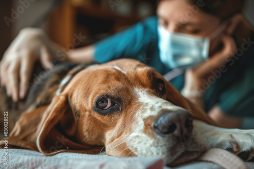 Woman in mask comforting a beagle dog.