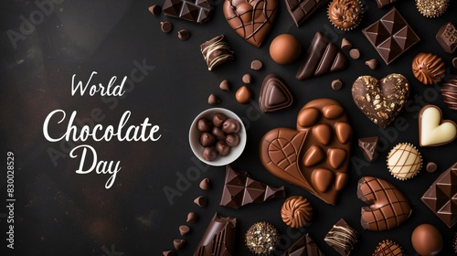 Sumptuous spread of assorted chocolates to celebrate world chocolate day on a dark backdrop