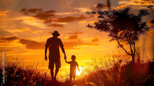 Father And Child Enjoying Their Time At Sunset Evening, Happy Father's Day