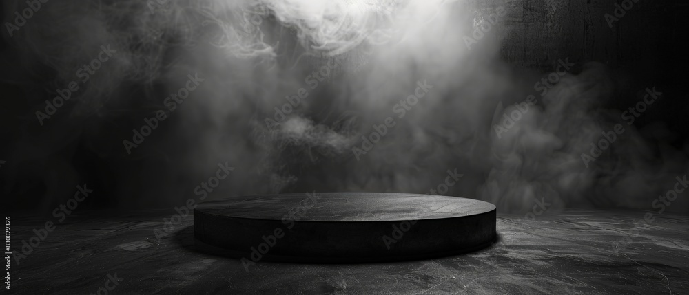 3d rendering of empty dark podium with smoke and spotlight.