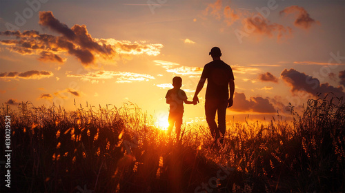 Father And Child Enjoying Their Time At Sunset Evening, Happy Father's Day