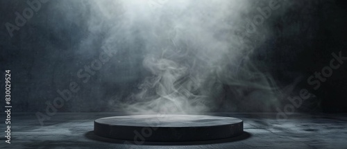 3d rendering of empty dark podium with smoke. Futuristic pedestal for product presentation. photo