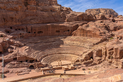 Ancient Theater in Petra, Jordan: Majestic Rock-Cut Amphitheater Carved into Red Sandstone Cliffs