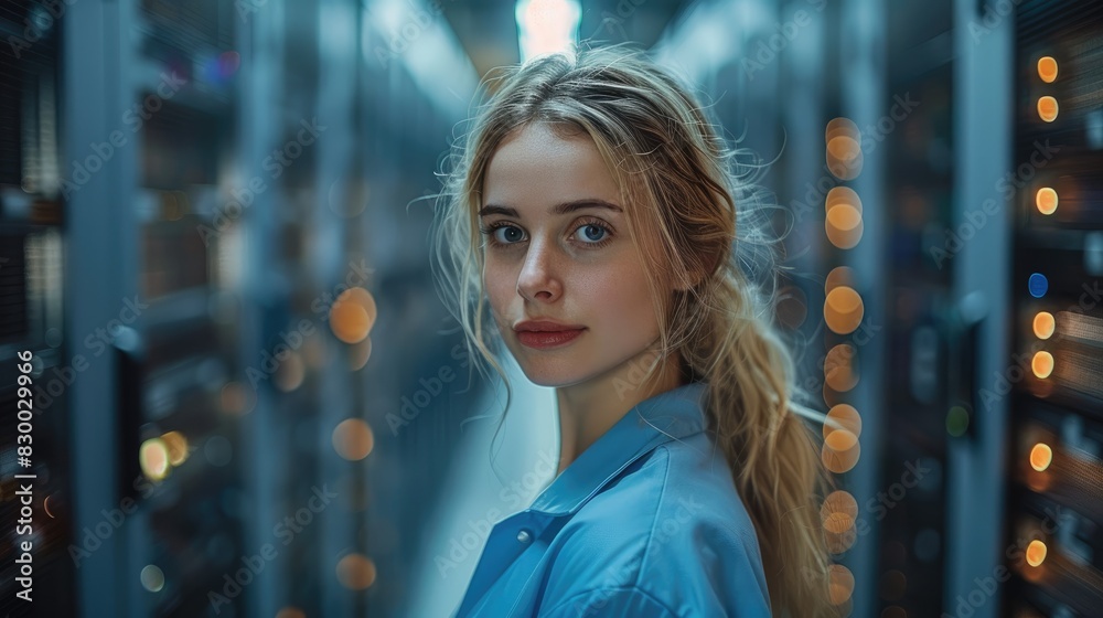 Obraz premium Young woman in a server room, surrounded by technology and equipment, looking confident and professional.
