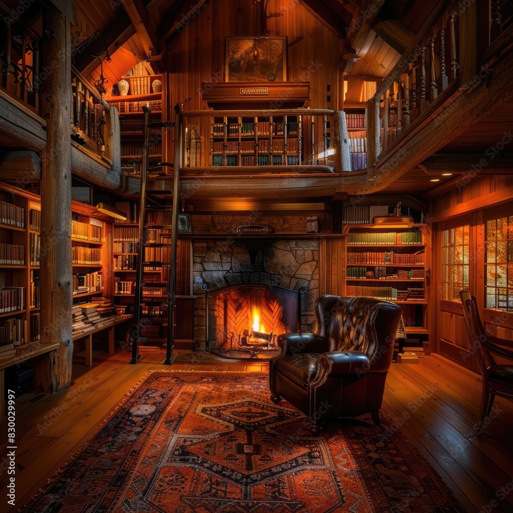 Cozy library interior with leather armchair, wooden shelves, fireplace, warm lighting, and rustic decor in a log cabin setting. Cozy library interior with leather armchair, wooden shelves, fireplace, warm lighting, and rustic decor in a log cabin setting.