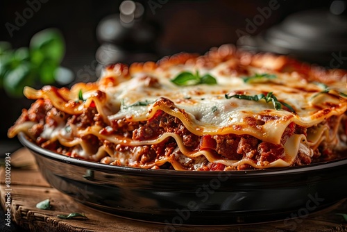 Delicious homemade lasagna with layers of meat  cheese  and pasta  garnished with fresh basil leaves  served in a black dish.