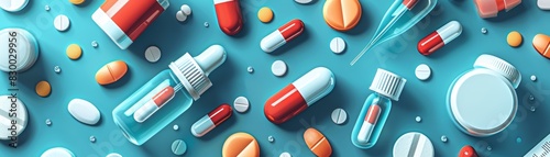 Colorful assortment of pharmaceutical medications, tablets, and capsules spread out on a blue surface. Healthcare and medicine concept. photo