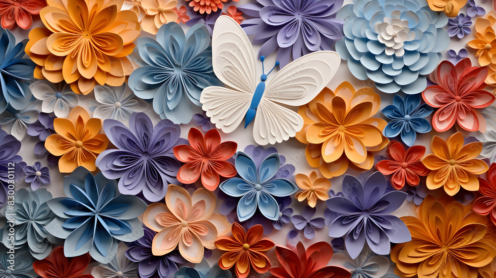 Fototapeta premium digital paper-cut butterflies and flowers poster background