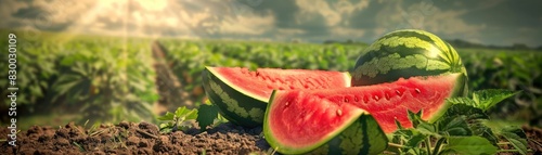 Freshly harvested watermelons on a sunny field with a beautiful sunset in the background, showcasing ripe fruit and natural agricultural scenery.