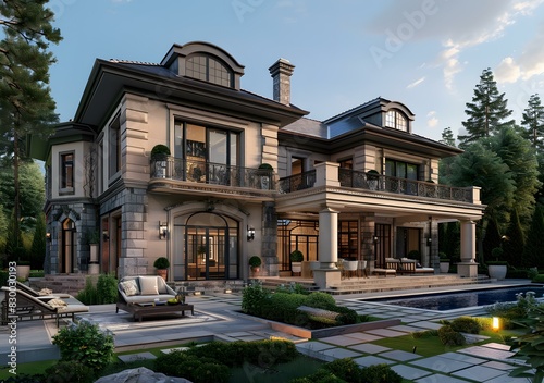 European-style exterior of a luxury private house with a pool © Adobe Contributor