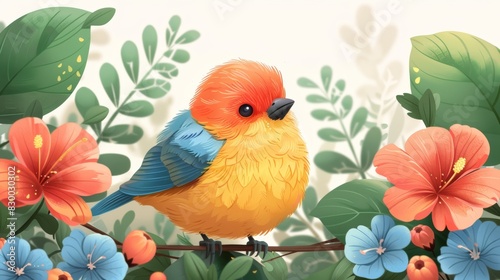 Colorful bird among vibrant flowers and lush leaves  creating a lively and nature-inspired scene.