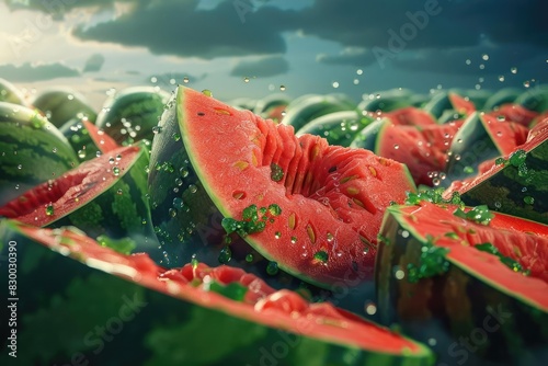 Close-up of fresh, juicy watermelon slices with luscious red flesh and green rind, arranged outdoors under a dramatic cloudy sky.