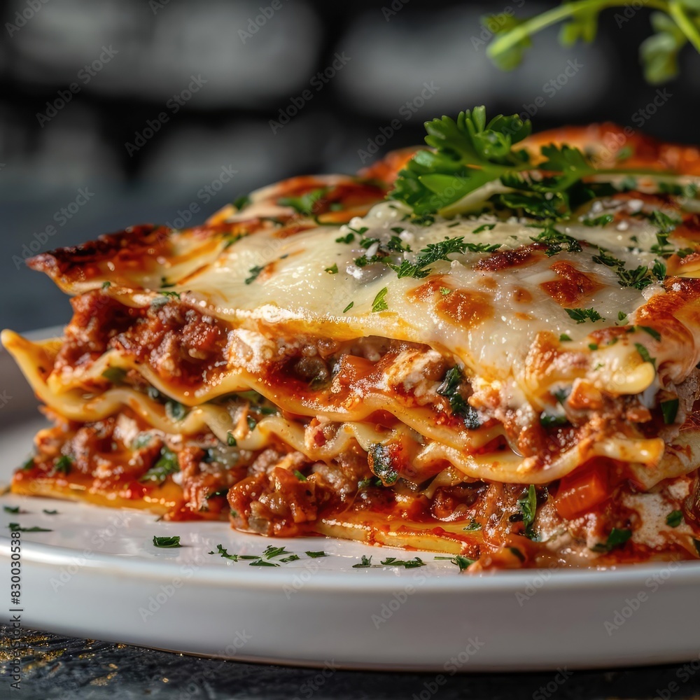 Close-up of a delicious, cheesy lasagna slice with layers of meat, pasta, and herbs, garnished with parsley on a white plate. Close-up of a delicious, cheesy lasagna slice with layers of meat, pasta, and herbs, garnished with parsley on a white plate.