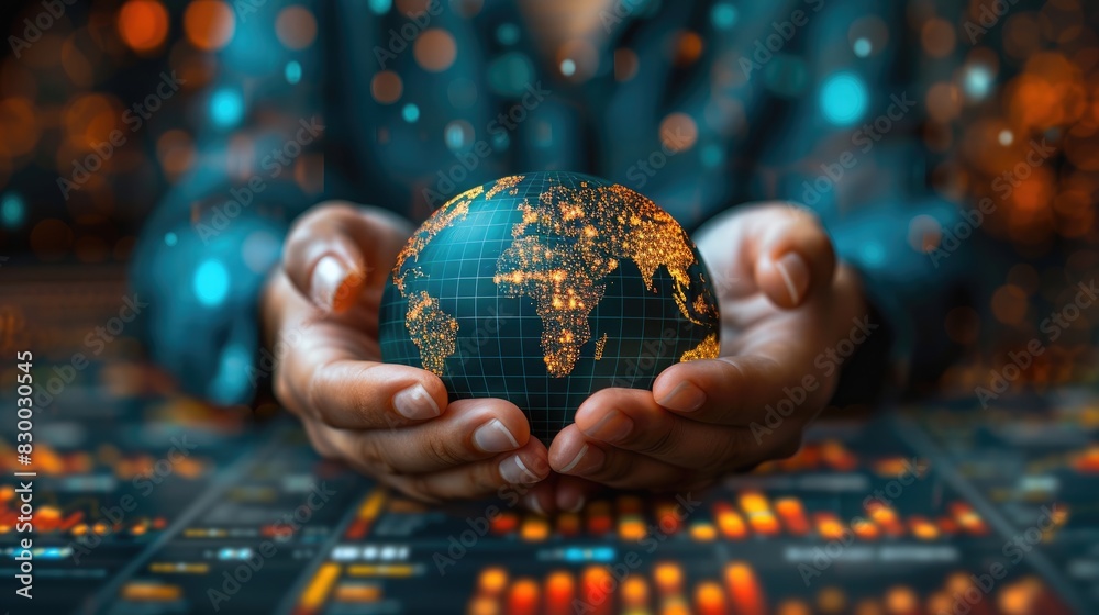 Fototapeta premium A person holding a digital globe with data charts in the background, symbolizing global business analytics and technology innovation.