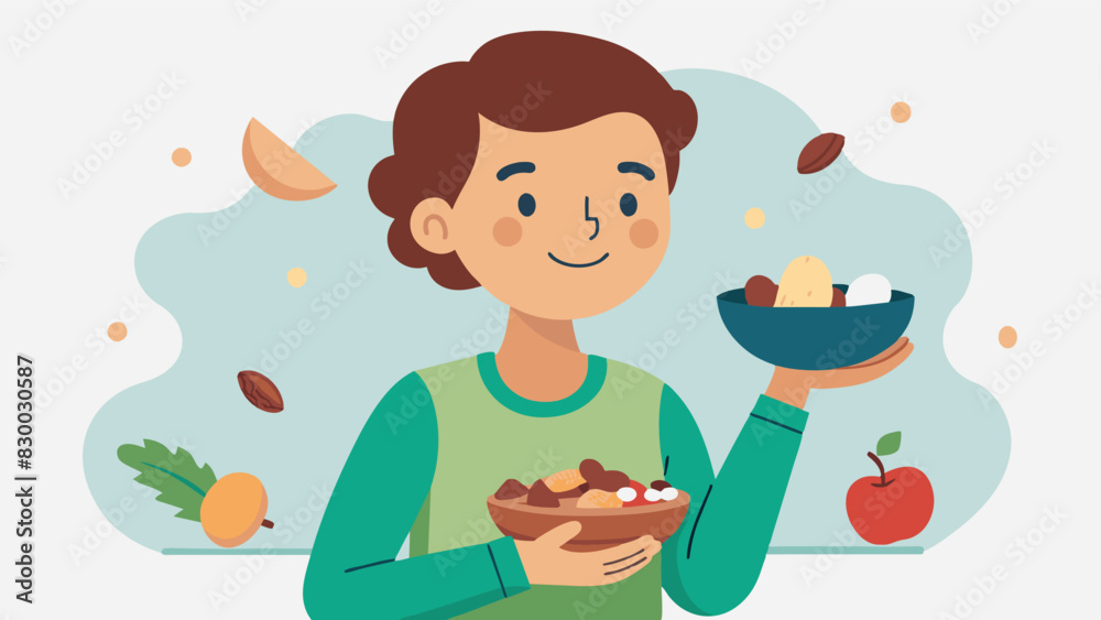 A teenager snacks on a mix of nuts and seeds acknowledging the importance of mindful snacking and choosing healthier options over junk food.. Vector illustration