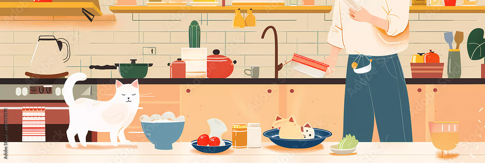 Playful Kitchen Cat Modern Scandinavian Style Flat Illustration of a Cat and Owner Cooking Playful Kitchen Cat Modern Scandinavian Style Flat Illustration of a Cat and Owner Cooking