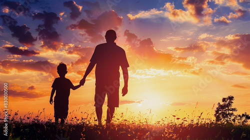 Father And Child Enjoying Their Time At Sunset Evening, Happy Father's Day