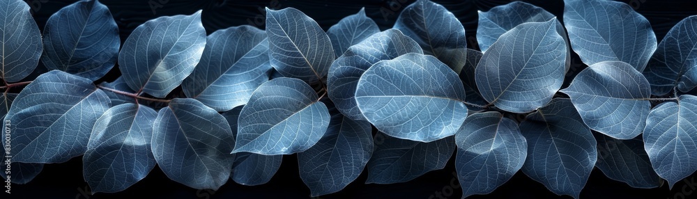 Monochrome pattern of dark, moody blue leaves arranged in a seamless border on a black background. Elegant and sophisticated design. Monochrome pattern of dark, moody blue leaves arranged in a seamless border on a black background. Elegant and sophisticated design.