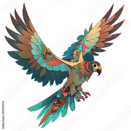 An illustration of a flying bird with black eyes and a black beak 